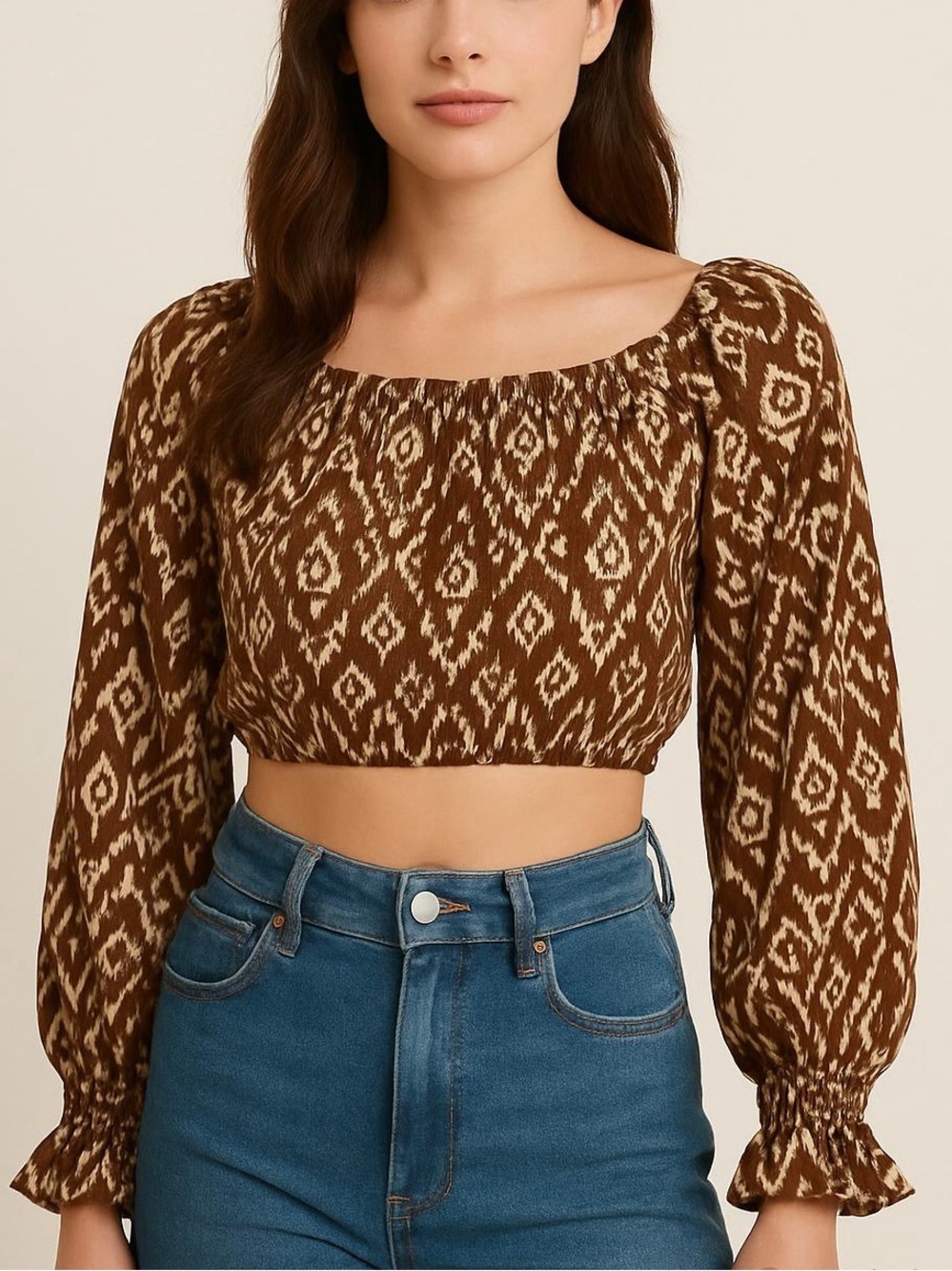 [NWT] Moon River Bohemian Brown Ikat Print Long Sleeve Crop Top - Sz S